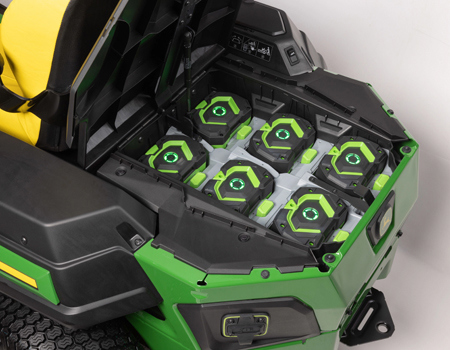 Six EGO batteries installed in Z370RS Electric ZTrak Mower